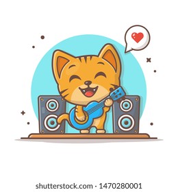 Cute Cat Playing Guitar with Speaker Vector Illustration. Cat Singing Mascot Logo. Character. Music. Flat Cartoon Style Suitable for Web Landing Page, Banner, Flyer, Sticker, Wallpaper, Background