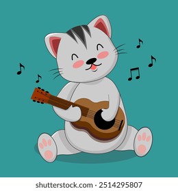 Cute Cat Playing Guitar. Whimsical Vector Design for Fun Projects. The playful kitty, strumming away with a joyful expression perfect to greeting cards, children's books, merchandise, sticker