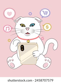 Cute Cat Playing Handphone. Animal Technology Icon Concept. Flat Cartoon Style