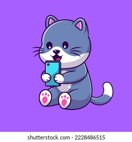 Cute Cat Playing Handphone Cartoon Vector Icons Illustration. Flat Cartoon Concept. Suitable for any creative project.