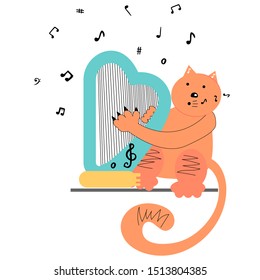 Cute cat playing the harp with many notes music. Vector illustration.