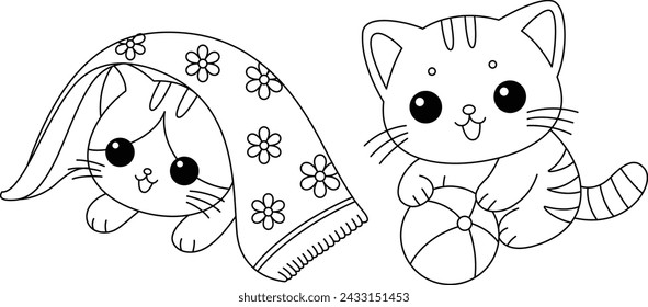 The cute cat is playing hide and seek with a ball coloring page