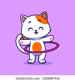 Cute Cat Playing Hula Hoop Cartoon Vector Icon Illustration. Animal Sport Icon Concept Isolated Premium Vector. Flat Cartoon Style