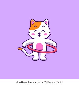 Cute Cat Playing Hulahoop Cartoon Vector Icons Illustration. Flat Cartoon Concept. Suitable for any creative project.