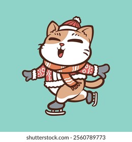 cute cat playing ice skating in winter and new year cartoon vector icon illustration isolated