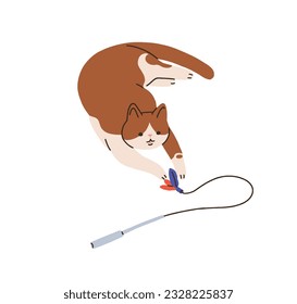 Cute cat playing with interactive stick toy. Happy funny playful kitty catching, attacking teasing wand, string, catcher. Feline game, fun. Flat vector illustration isolated on white background