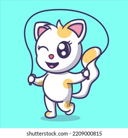 Cute Cat Playing Jump Rope Cartoon Vector Icon Illustration