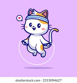 Cute Cat Playing Jump Rope Cartoon Vector Icon Illustration. Animal Sport Icon Concept Isolated Premium Vector. Flat Cartoon Style