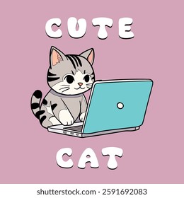 Cute Cat Playing Laptop Cartoon Vector Illustration