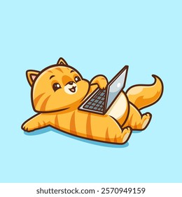 Cute Cat Playing Laptop On Stomach Cartoon Vector Icon 
Illustration. Animal Technology Icon Concept Isolated 
Premium Vector. Flat Cartoon Style 