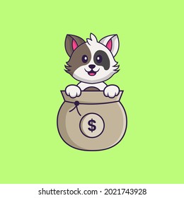 Cute cat playing in money bag. Animal cartoon concept isolated. Can used for t-shirt, greeting card, invitation card or mascot.