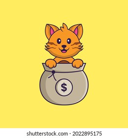 Cute cat playing in money bag. Animal cartoon concept isolated. Can used for t-shirt, greeting card, invitation card or mascot.