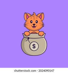 Cute cat playing in money bag. Animal cartoon concept isolated. Can used for t-shirt, greeting card, invitation card or mascot.