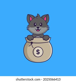 Cute cat playing in money bag. Animal cartoon concept isolated. Can used for t-shirt, greeting card, invitation card or mascot.