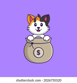 Cute cat playing in money bag. Animal cartoon concept isolated. Can used for t-shirt, greeting card, invitation card or mascot.