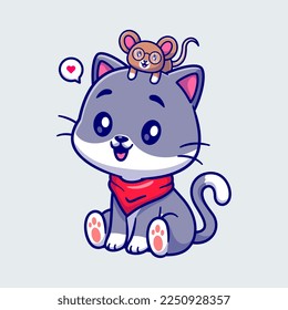 Cute Cat Playing With Mouse Cartoon Vector Icon Illustration. Animal Love Icon Concept Isolated Premium Vector. Flat Cartoon Style