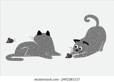 Cute cat playing with mouse, chasing mouse. Vector illustration.