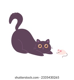 Cute cat playing with mouse toy. Domestic pets, feline activities. Home cat life. Vector illustration in flat style