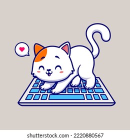 Cute Cat Playing On Keyboard Computer Cartoon Vector Icon Illustration. Animal Technology Icon Concept Isolated Premium Vector. Flat Cartoon Style