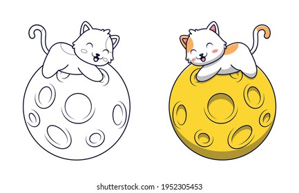 Cute cat playing on moon cartoon coloring pages for kids