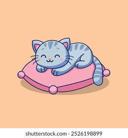 Cute Cat Playing On Pillow Cartoon Vector Icon Illustration. Animal Nature Icon Concept Isolated Premium Vector. Flat Cartoon Style