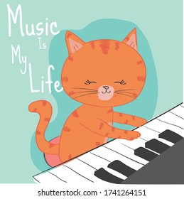 Cute cat is playing piano animal illustration vector design music kitty