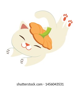 The cute cat playing with the pumpkin 
 in the flat vector style. Illustration
 for graphic, content , banner, sticker.
