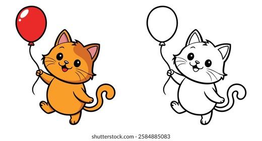 Cute Cat Playing Red Balloon Cartoon Coloring Book For Kids Printable Vector