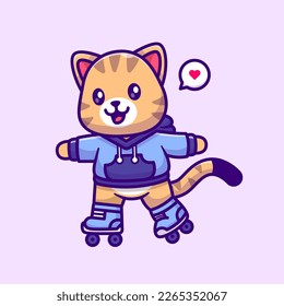 Cute Cat Playing Roller Skate Cartoon Vector Icon Illustration. Animal Sport Icon Concept Isolated Premium Vector. Flat Cartoon Style