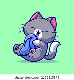 Cute Cat Playing Sandal Cartoon Vector Icon Illustration. Animal Nature Icon Concept Isolated Premium Vector. Flat Cartoon Style