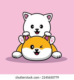 Cute Cat Playing With Shiba Inu Cartoon Vector Icon Illustration. Animal Icon Concept Isolated Premium Vector.