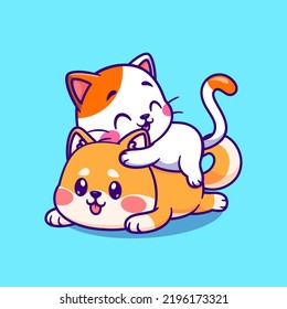 Cute Cat Playing With Shiba Inu Dog Together Cartoon Vector Icon Illustration. Animal Nature Icon Concept Isolated Premium Vector. Flat Cartoon Style