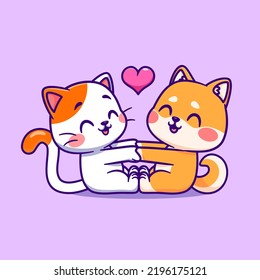 Cute Cat Playing With Shiba Inu Dog Together Cartoon Vector Icon Illustration. Animal Nature Icon Concept Isolated Premium Vector. Flat Cartoon Style