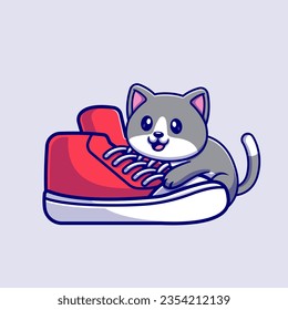 Cute Cat Playing Shoes Cartoon Vector Icon Illustration. Animal Nature Icon Concept Isolated Premium Vector. Flat Cartoon Style