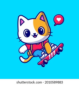 Cute Cat Playing Skateboard Cartoon Vector Icon Illustration. Animal Sport Icon Concept Isolated Premium Vector. Flat Cartoon Style