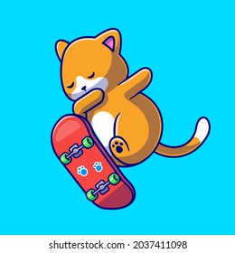 Cute Cat Playing Skateboard Cartoon Vector Icon Illustration. Animal Sport Icon Concept Isolated Premium Vector. Flat Cartoon Style 