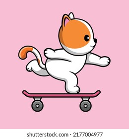 Cute Cat Playing Skateboard Cartoon Vector Icon Illustration. Animal Sport Icon Concept Isolated Premium Vector
