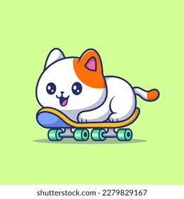 Cute Cat Playing Skateboard Cartoon Vector Icon Illustration. Animal Sport Icon Concept Isolated Premium Vector. Flat Cartoon Style
