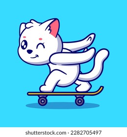 Cute cat playing skateboard cartoon icon illustration