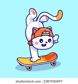 Cute Cat Playing Skateboard Cartoon Vector Icon Illustration. Animal Sport Icon Concept Isolated Premium Vector. Flat Cartoon Style