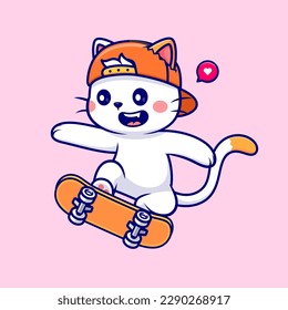 Cute Cat Playing Skateboard Cartoon Vector Icon Illustration. Animal Sport Icon Concept Isolated Premium Vector. Flat Cartoon Style