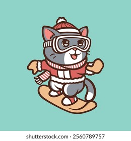 cute cat playing a snow boarding in winter and new year cartoon vector icon illustration isolated