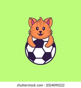 Cute cat playing soccer. Animal cartoon concept isolated. Can used for t-shirt, greeting card, invitation card or mascot.