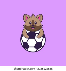 Cute cat playing soccer. Animal cartoon concept isolated. Can used for t-shirt, greeting card, invitation card or mascot.