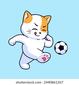 Lindo gato jugando fútbol o fútbol ilustración vectorial de dibujos animados. Logo de dibujos animados de animales de estilo plano