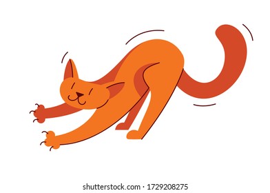 Cute cat playing and stretching vector illustration, domestic pet cartoon.