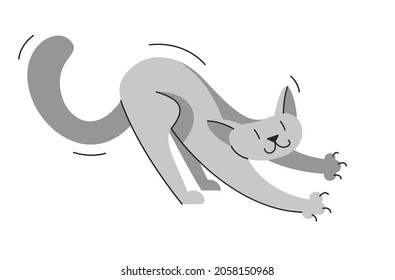Cute cat playing and stretching vector illustration, domestic pet cartoon.