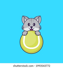 Cute cat playing tennis. Animal cartoon concept isolated. Can used for t-shirt, greeting card, invitation card or mascot.