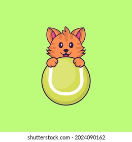 Cute cat playing tennis. Animal cartoon concept isolated. Can used for t-shirt, greeting card, invitation card or mascot.