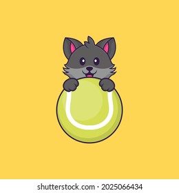 Cute cat playing tennis. Animal cartoon concept isolated. Can used for t-shirt, greeting card, invitation card or mascot.